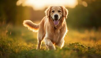 un perro es sentado en el césped a puesta de sol ai generado foto