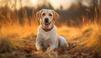 un perro es sentado en el césped a puesta de sol ai generado foto