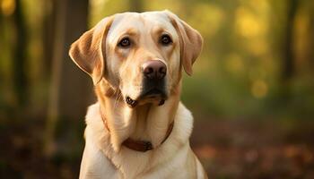 a dog is sitting in the grass at sunset AI Generated photo