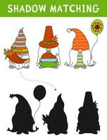 Cute gnomes for Thanksgiving day. Shadow matching activity for children. Simple educational game for kids with leaves. Find the correct silhouette printable worksheet. vector