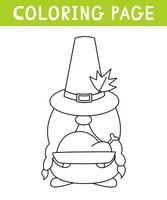 Cute gnome with turkey coloring page. Thanksgiving day. Printable worksheet with solution for school and preschool. Vector cartoon illustration.