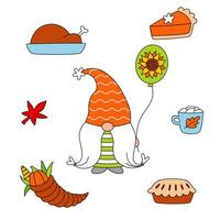 Set elements for Thanksgiving day. Cute gnome with autumn objects. Turkey, cornucopia, pumpkin pie and cup of cocoa with marshmallows. Vector cartoon illustration.