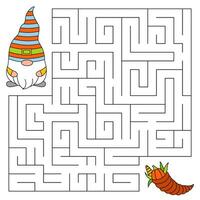 Thanksgiving day maze game for kids. Cute gnome looking for a way to the cornucopia. Happy thanksgiving. Doodle cartoon style. Printable worksheet. Vector cartoon illustration for print.