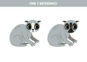 encontrar 3 diferencias Entre dos linda dibujos animados lento loris. vector