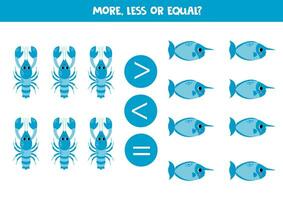 Grater, less or equal with cartoon yabby and unicorn fish. vector