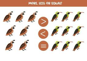 Grater, less or equal with cartoon quails and xantus. vector