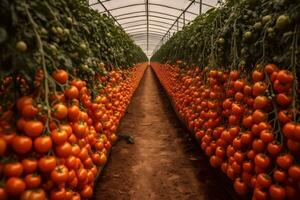 creciente Tomates en un invernadero. neural red ai generado foto