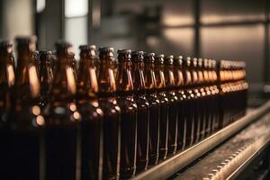 Beer bottles on the conveyor belt. Neural network AI generated photo