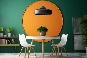interior in orange and green khaki colors. Neural network AI generated photo