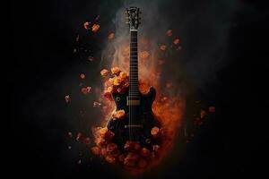 Abstract composition with a guitar and flowers on a dark background. Neural network AI generated photo
