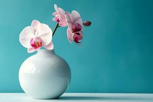 Orchid flower in a round vase. Neural network AI generated photo