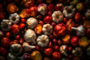Lots of garlic abstract background. Neural network AI generated photo