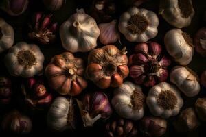 Lots of garlic abstract background. Neural network AI generated photo