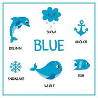 Learning colors worksheet for kids. Blue color flashcard. vector