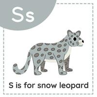 Animal alphabet flashcard for children. Learning letter S. S is for snow leopard. vector