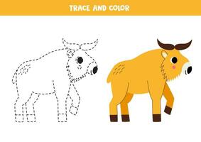 Trace and color cartoon golden takin. Worksheet for children. vector