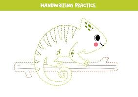 Tracing lines for kids with cute chameleon. Writing practice. vector