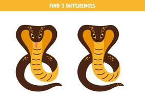 encontrar 3 diferencias Entre dos linda dibujos animados cobras. vector