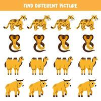 encontrar diferente asiático animal en cada fila. lógico juego para preescolar niños. vector