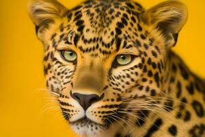 leopardo en un amarillo antecedentes. neural red ai generado foto