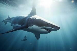 genial blanco tiburón posando en el profundo azul agua. neural red ai generado foto