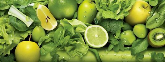 Banner layout of green fruits and vegetables. Generative AI. photo