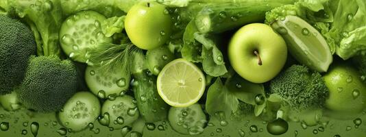 Banner layout of green fruits and vegetables. Generative AI. photo