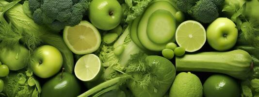 Banner layout of green fruits and vegetables. Generative AI. photo