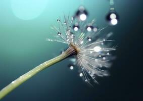 Beautiful dew drops on a dandelion seed macro. Beautiful blue background. Generative AI photo