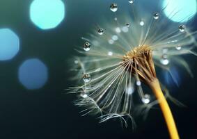 Beautiful dew drops on a dandelion seed macro. Beautiful blue background. Generative AI photo