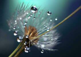 Beautiful dew drops on a dandelion seed macro. Beautiful blue background. Generative AI photo