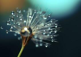Beautiful dew drops on a dandelion seed macro. Beautiful blue background. Generative AI photo