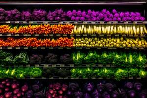 Supermarket showcase with wooden boxes of vegetables. Neural network AI generated photo