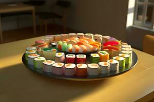 close-up view of delicious sushi set on slate boards. Neural network AI generated photo