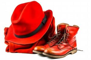 Travel set isolated on white background. Hat, backpack and boots. Neural network AI generated photo