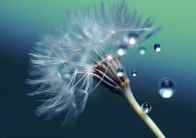 Beautiful dew drops on a dandelion seed macro. Beautiful blue background. Generative AI photo