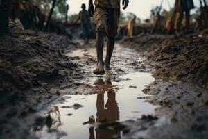 The feet of a dark-skinned child in a puddle of mud. Generated by artificial intelligence photo