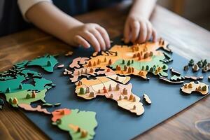 Children's hands assemble a wooden puzzle in the form of a world map. Educational game for children. Generated by artificial intelligence photo