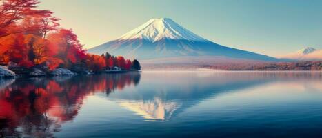 Mount Fuji in Japan Kawaguchiko lake autumn red leaves on trees mountain covered in snow calm lake reflects mountain and trees. AI generative photo