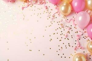 Party stylish decorations on pink background, ai generative photo