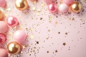 Party stylish decorations on pink background, ai generative photo