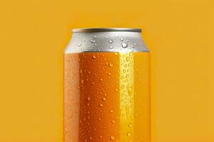 Can of fresh soda with water drops on orange background, closeup. Generative AI photo