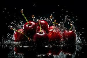 Cherries in a splash of water on a black background. Neural network AI generated photo