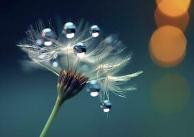 Beautiful dew drops on a dandelion seed macro. Beautiful blue background. Generative AI photo