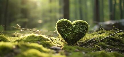 Closeup of wooden heart on moss. Natural burial grave in the woods. Generative AI photo