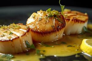 Closeup of pan seared diver scallops with lemon beurre blanc. Generative AI photo