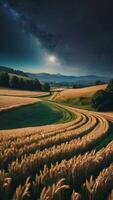 Magnificent landscape with a starry sky in the middle of a wheat field with a view of the moon photo