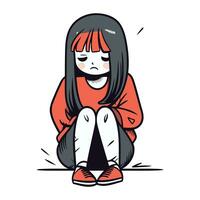 triste pequeño niña sentado en el piso. vector ilustración en dibujos animados estilo.