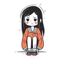 Cute sad little girl vector illustration. Sad child cartoon character.