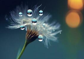 Beautiful dew drops on a dandelion seed macro. Beautiful blue background. Generative AI photo